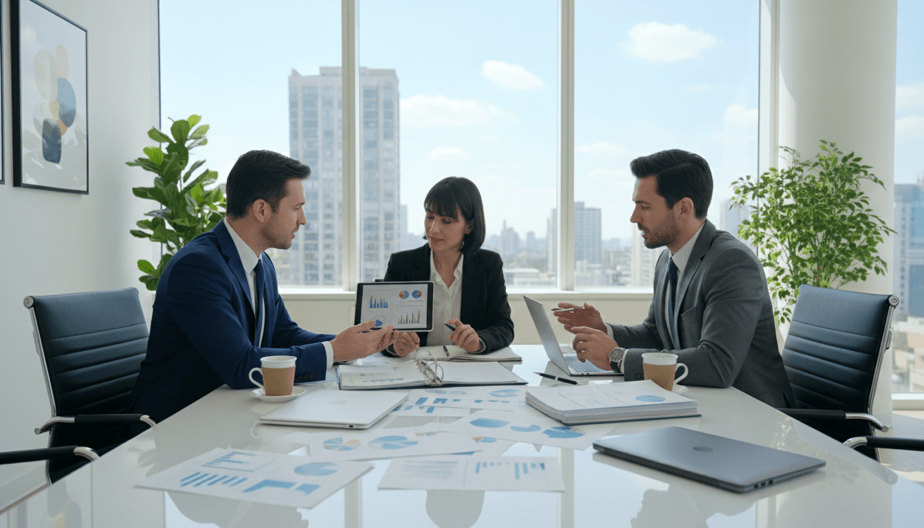Business consultants discussing strategy in a modern office