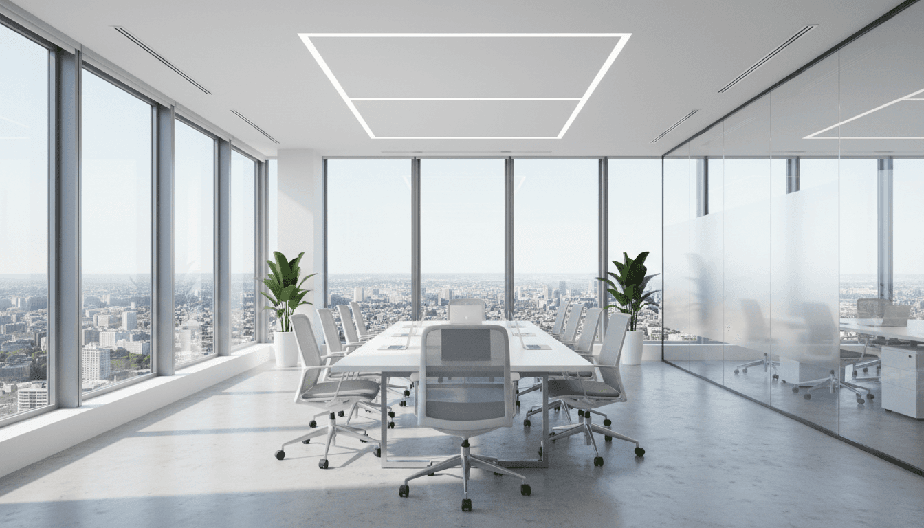 Bright modern office interior with large windows and clean conference table