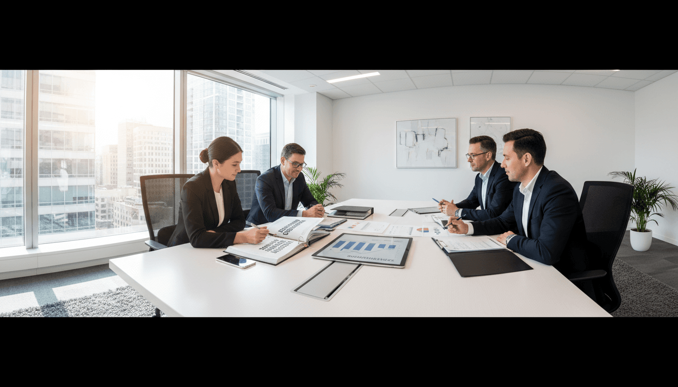 Business consultants reviewing strategy documents at a bright office table