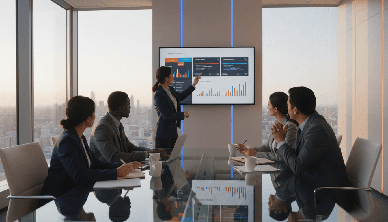 Professional consultants in a modern boardroom reviewing charts and documents