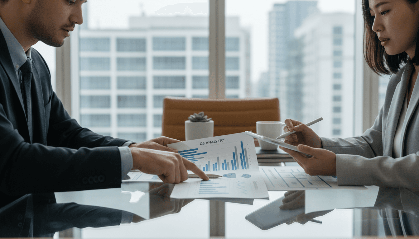 Business consultant reviewing strategic plans and charts with a colleague in a bright modern meeting room