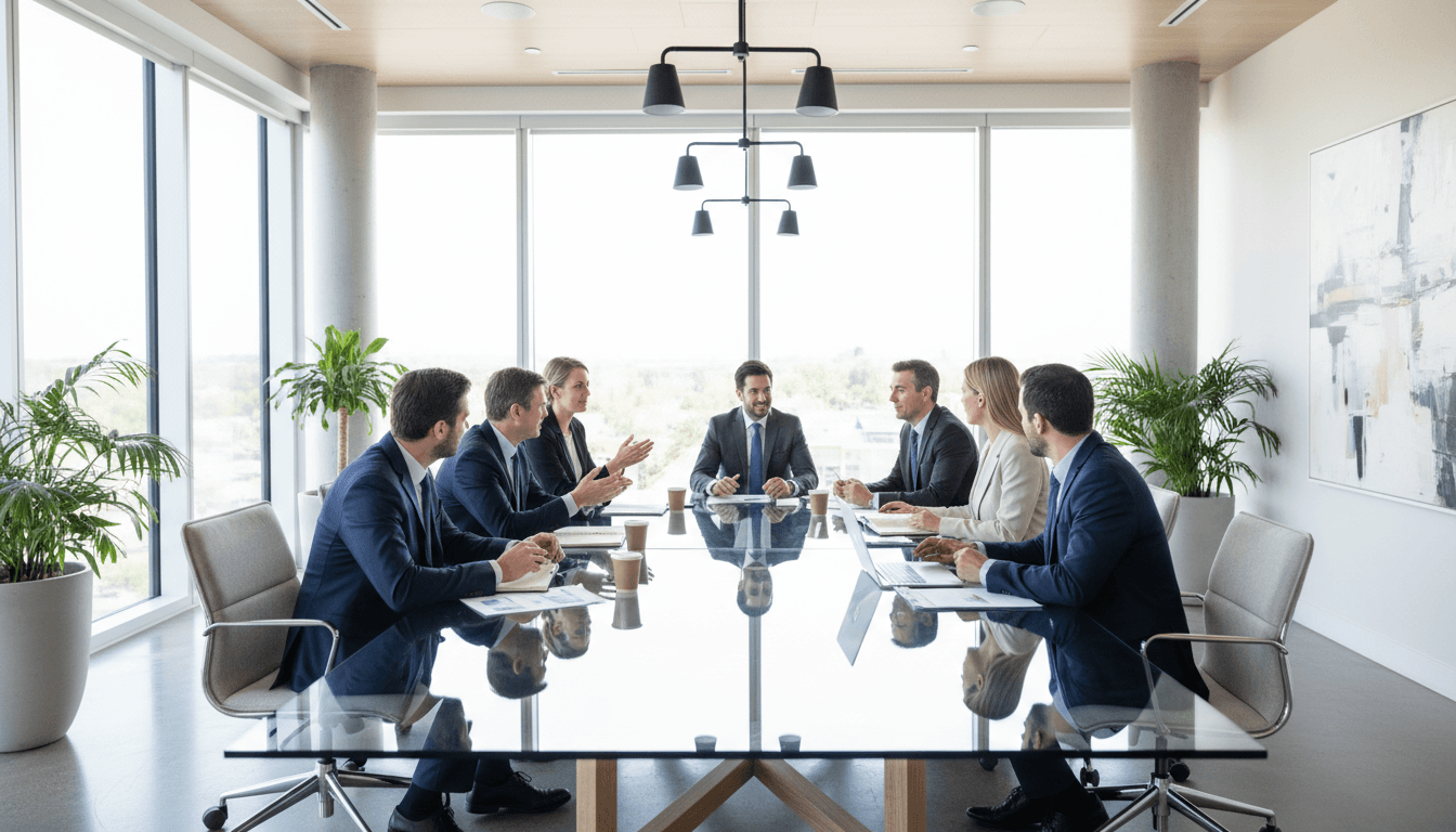 Professionals collaborating around a table in a bright modern office