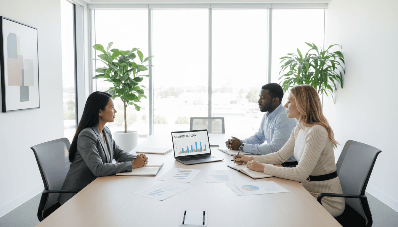 Business consultant reviewing documents with a client at a modern office table