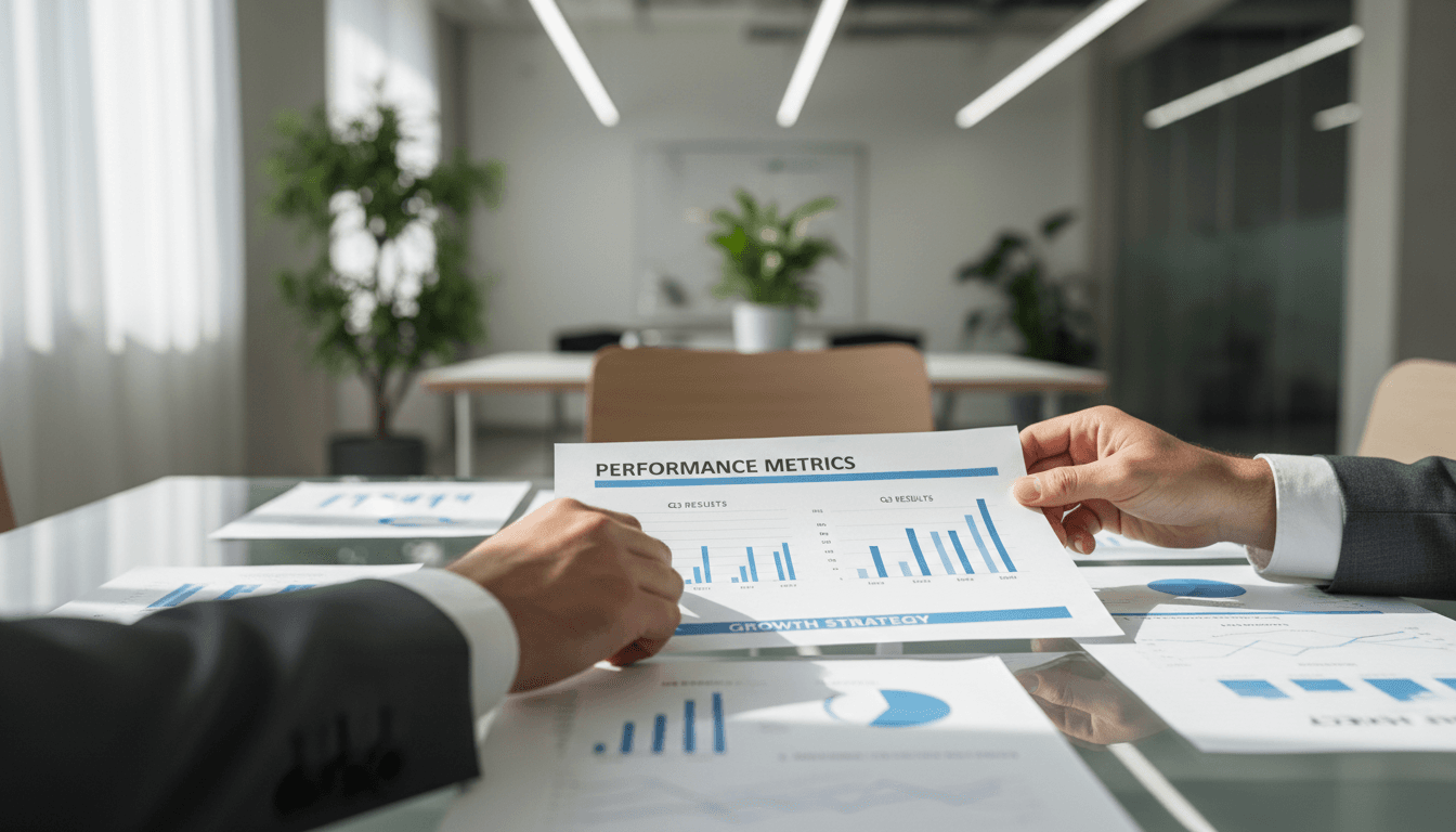 Consultant and client reviewing strategy documents in a bright modern office