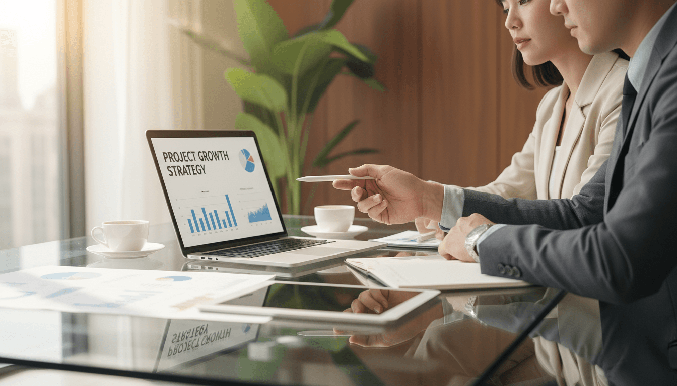 Two business professionals reviewing documents together in a bright modern office